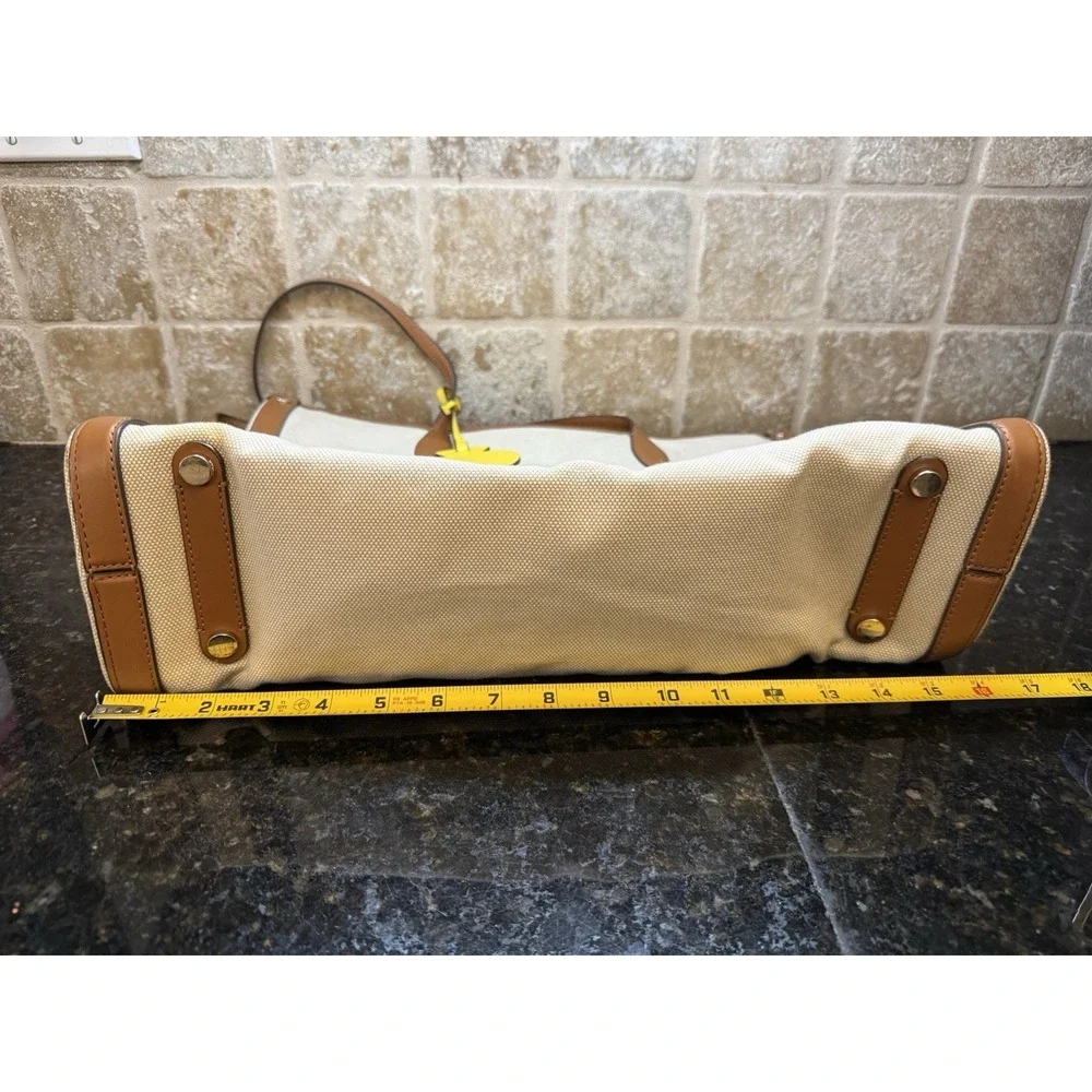 Kate Spade NY Large Market Tote Bag Beige Canvas,‎ Brown Leather Yellow